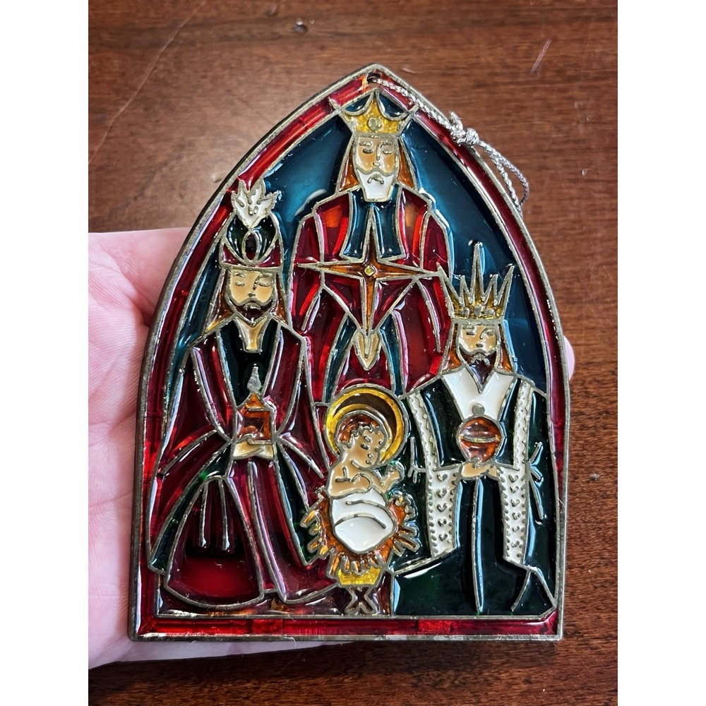 Stained Glass Brass Nativity Three Wisemen Baby Jesus Enesco Christmas Decor Vtg